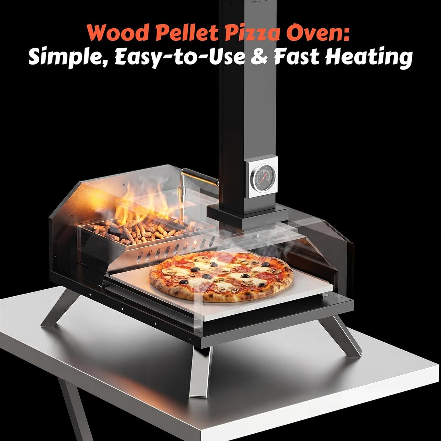 Pizza Oven Outdoor with a Thermometer, Portable Wood Fire Pizza Oven Stainless Steel Pizza Maker for Backyard or outside Camping, Pizza Stone(11.25Inch*11.25Inch)