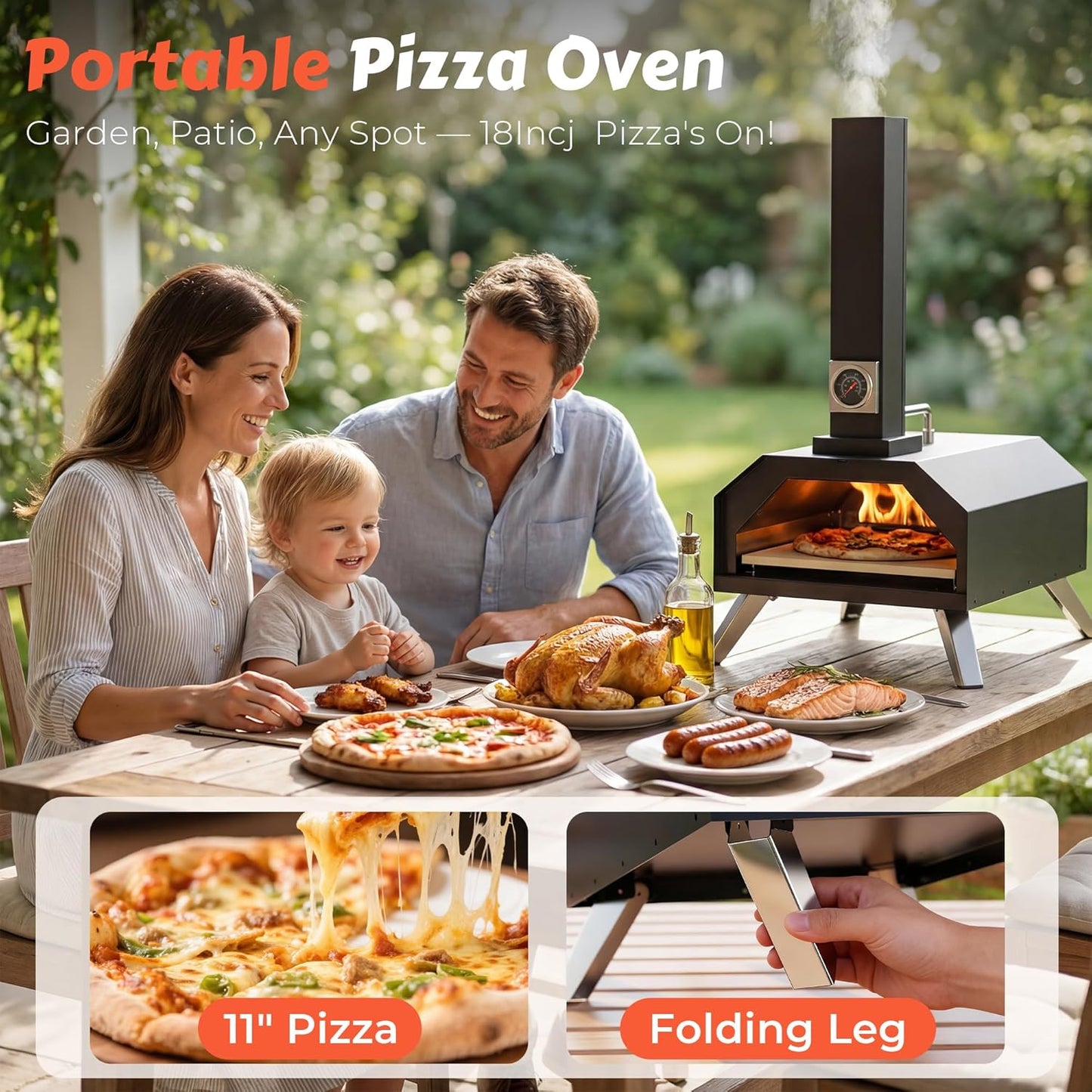 Pizza Oven Outdoor with a Thermometer, Portable Wood Fire Pizza Oven Stainless Steel Pizza Maker for Backyard or outside Camping, Pizza Stone(11.25Inch*11.25Inch)