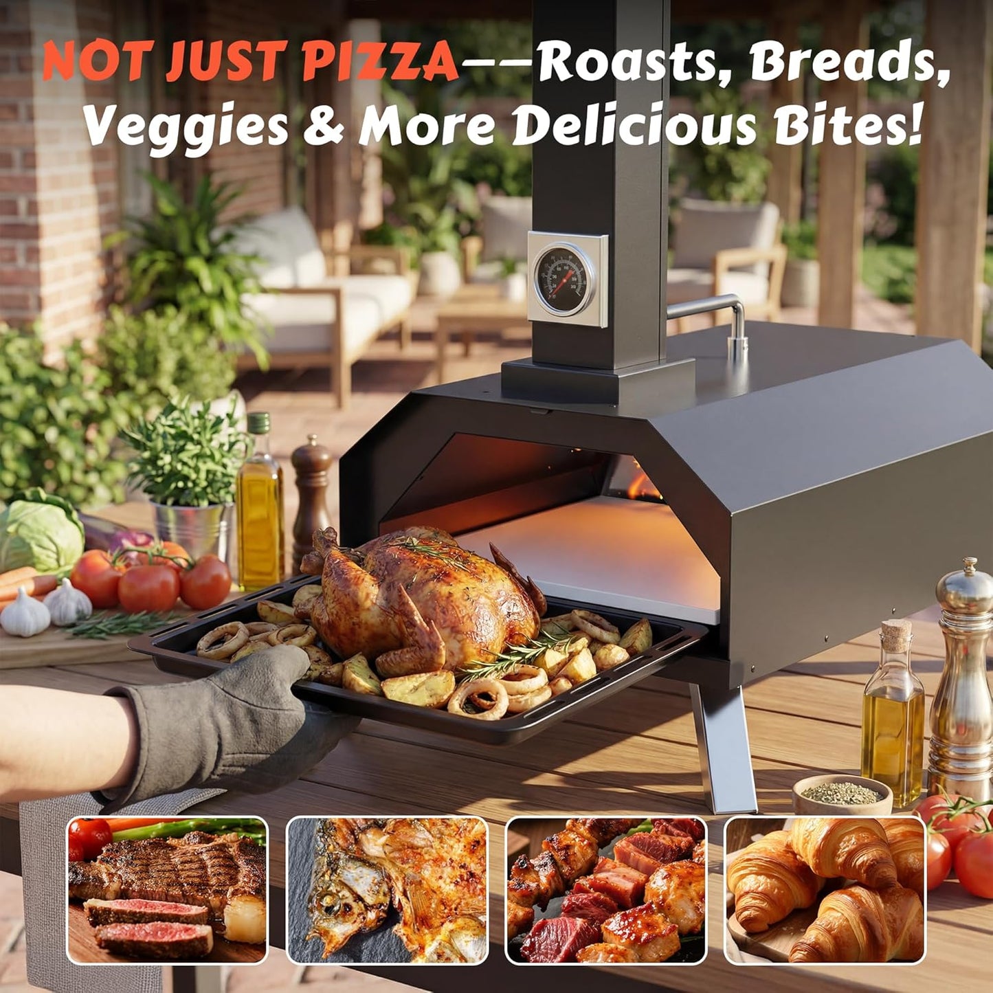 Pizza Oven Outdoor with a Thermometer, Portable Wood Fire Pizza Oven Stainless Steel Pizza Maker for Backyard or outside Camping, Pizza Stone(11.25Inch*11.25Inch)