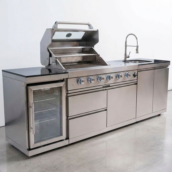 BBQ Island Outdoor Kitchen Kits, 4-Burner 72000 BTU Stainless Steel Modular 98 Inch Natural Gas Outdoor Kitchen Bar Barbecue Island Grill with Refrigerator and Sink for Patio Backyard — Studio Shot