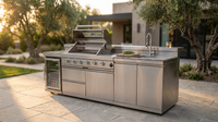 BBQ Island Outdoor Kitchen Kits, 4-Burner 72000 BTU Stainless Steel Modular 98 Inch Natural Gas Outdoor Kitchen Bar Barbecue Island Grill with Refrigerator and Sink for Patio Backyard — Lifestyle