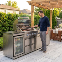 BBQ Island Outdoor Kitchen Kits, 4-Burner 72000 BTU Stainless Steel Modular 98 Inch Natural Gas Outdoor Kitchen Bar Barbecue Island Grill with Refrigerator and Sink for Patio Backyard — Lifestyle