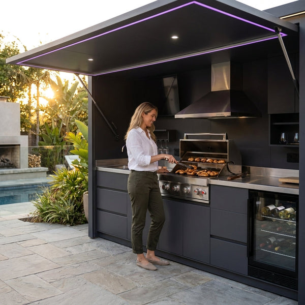 Outdoor Kitchen BBQ Pod Built for Luxury Entertaining, 304 Stainless Steel, Modular Design, Weather Shelter