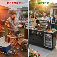 Outdoor Kitchen Island Black Stainless Steel with Sink & 46-Inch 4-Burner 72000 BTU Grill, Wine Cooler, Refrigerator, Rotisserie Kit & Granite Countertops — Before & After