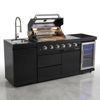 Outdoor Kitchen Island Black Stainless Steel with Sink & 46-Inch 4-Burner 72000 BTU Grill, Wine Cooler, Refrigerator, Rotisserie Kit & Granite Countertops — Studio Shot