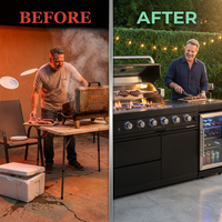Outdoor Kitchen Island Engineered for Premium Cooking, 72000 BTU 4-Burner Grill, Granite Countertops, Wine Cooler — Before & After