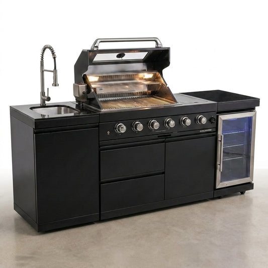 Outdoor Kitchen Island Engineered for Premium Cooking, 72000 BTU 4-Burner Grill, Granite Countertops, Wine Cooler — Studio Shot