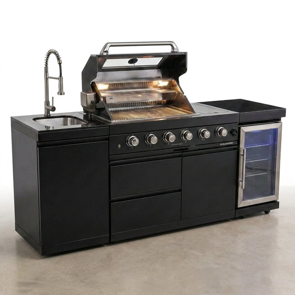 Outdoor Kitchen Island Engineered for Premium Cooking, 72000 BTU 4-Burner Grill, Granite Countertops, Wine Cooler — Studio Shot