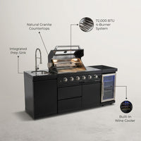Outdoor Kitchen Island Engineered for Premium Cooking, 72000 BTU 4-Burner Grill, Granite Countertops, Wine Cooler — infographic