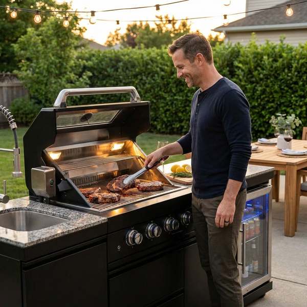 Outdoor Kitchen Island Engineered for Premium Cooking, 72000 BTU 4-Burner Grill, Granite Countertops, Wine Cooler