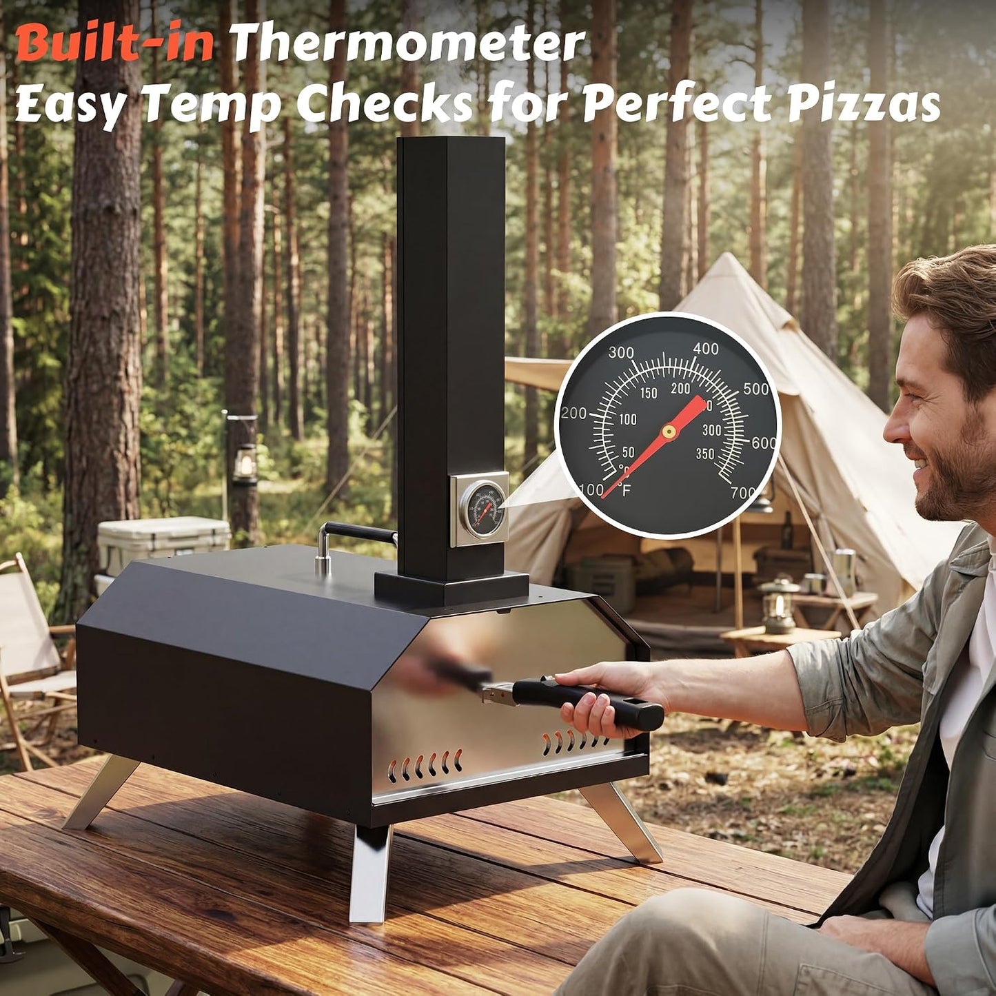 Pizza Oven Outdoor with a Thermometer, Portable Wood Fire Pizza Oven Stainless Steel Pizza Maker for Backyard or outside Camping, Pizza Stone(11.25Inch*11.25Inch)